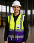 Yellow-Purple Two-Tone Multi-Pocket Safety Vest with ID Window