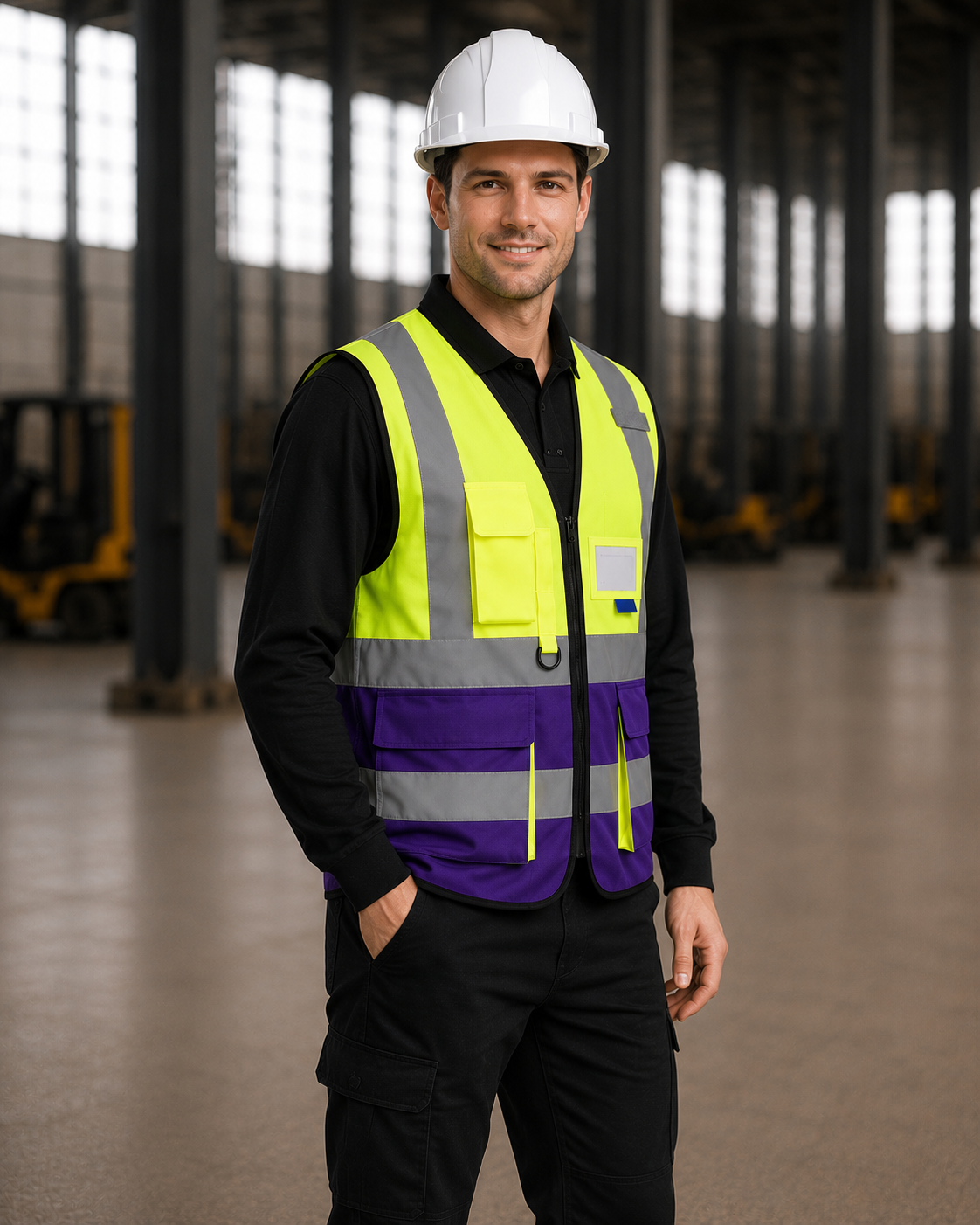Yellow-Purple Two-Tone Multi-Pocket Safety Vest with ID Window