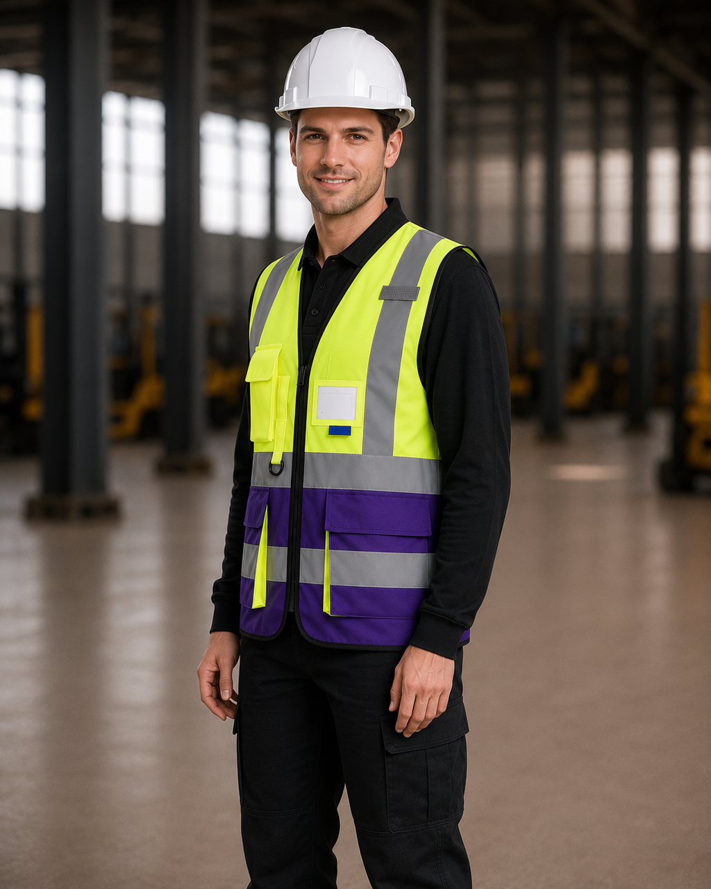 Yellow-Purple Two-Tone Multi-Pocket Safety Vest with ID Window