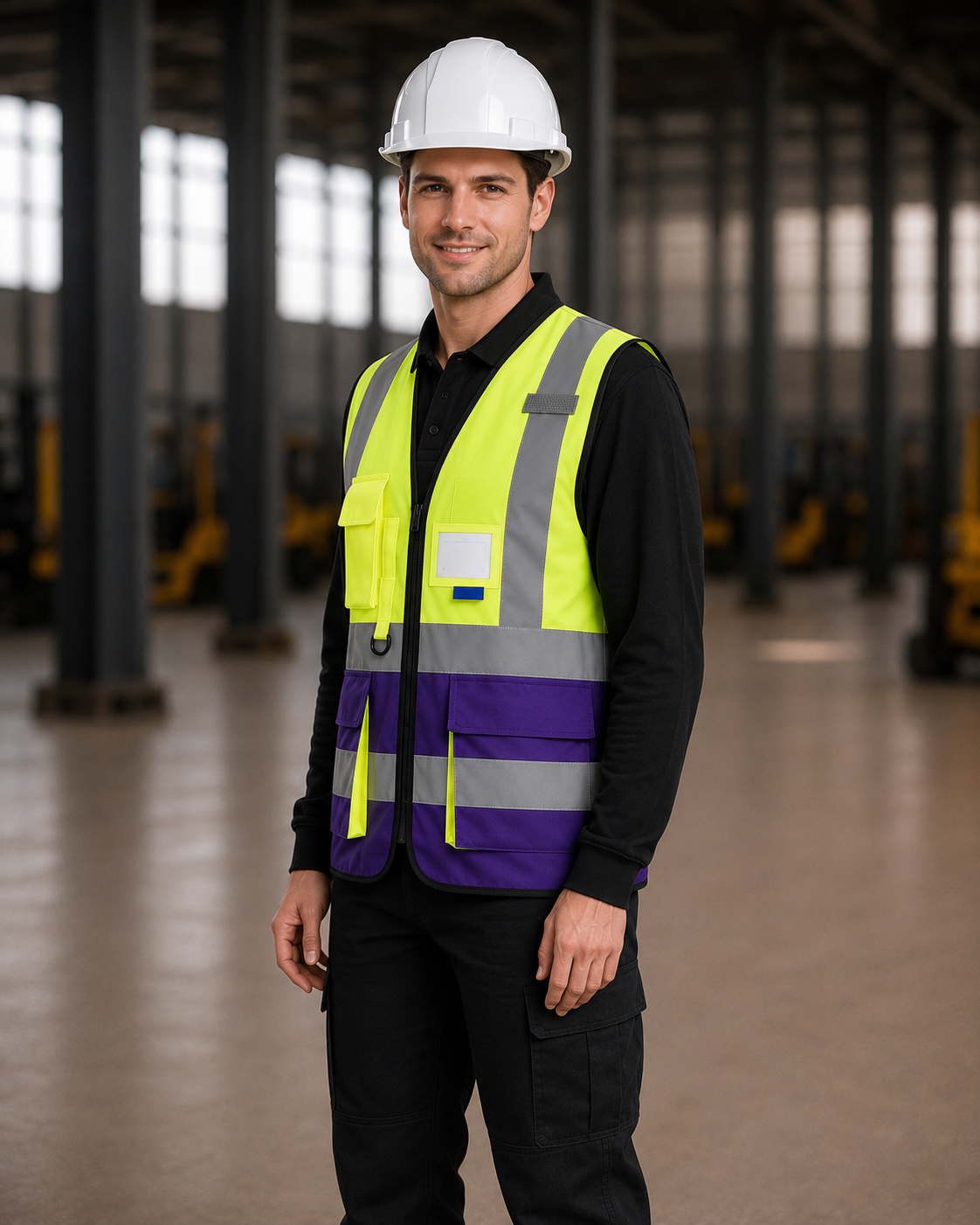 Yellow-Purple Two-Tone Multi-Pocket Safety Vest with ID Window
