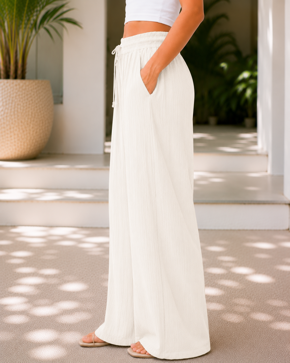 Linen Touch Wide Leg Drawstring Trousers Ivory White