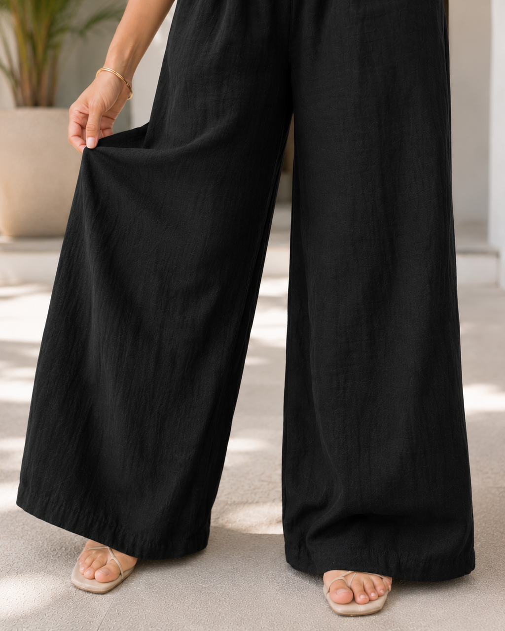 Linen Touch Wide Leg Drawstring Trousers Black