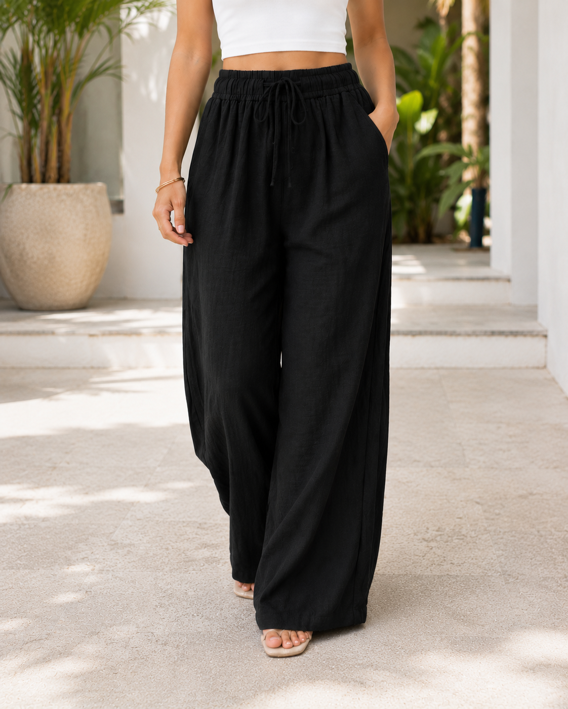 Linen Touch Wide Leg Drawstring Trousers Black