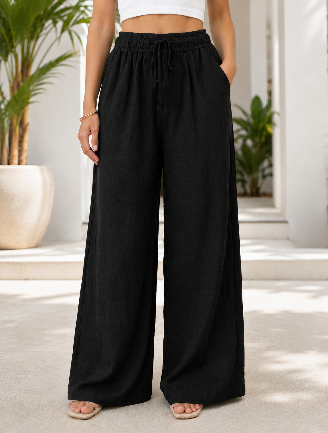Linen Touch Wide Leg Drawstring Trousers Black